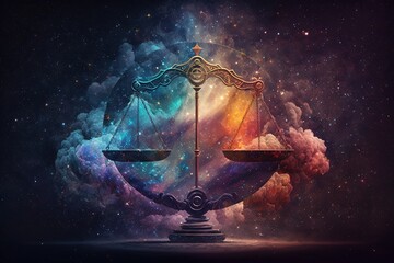 A Libra zodiac sign is depicted against a space nebula background in astrology, Generative AI