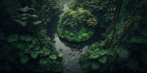 Top view of rain forest landscape, concept of Aerial Perspective and Tropical Setting, created with Generative AI technology