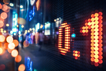 Financial stock exchange market display screen board on the street with and city light reflections, selective focus