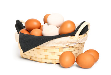 Basket with Easter eggs isolated on white background