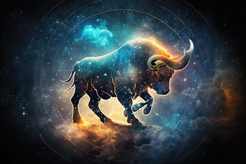 A Taurus astrological symbol against a backdrop of a space nebula, Generative AI