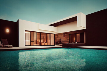 Fototapeta premium Luxury pool villa spectacular contemporary design digital art real estate , home, house and property, Generative AI illustration.