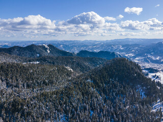 Aerial winter view of Rhodope Mountains around Pamporovo, Bulgaria