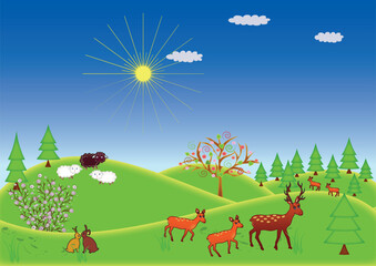 Obraz na płótnie Canvas Spring landscape image with wildlife. Spring landscape image with wildlife. Green hills with roe deer, deer, sheep, hares and forest. Picture in vector and jpg