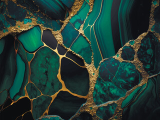 Green malachite liquid 3d abstract marbled background with golden inlay veins, lines. Marble mosaic, stone texture,  jasper. Ornamental modern marble pattern. Art deco wallpaper. Trendy texture