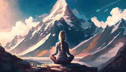 Woman in lotus pose practicing meditation and yoga. Mountains view. Generative AI