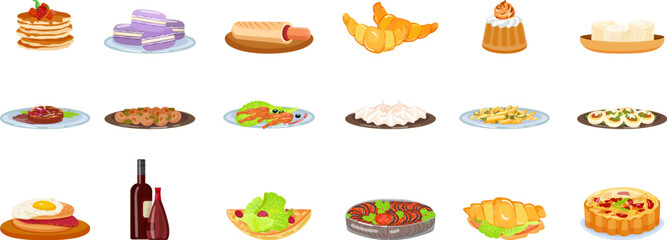 French food icons set cartoon vector. Cafe meal. Restaurant breakfast