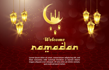 welcome ramadan kareem mubarak banner with beautiful luxury islamic ornament and abstract gradient red and golden background design