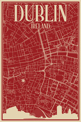 Red hand-drawn framed poster of the downtown DUBLIN, IRELAND with highlighted vintage city skyline and lettering