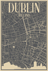 Grey hand-drawn framed poster of the downtown DUBLIN, IRELAND with highlighted vintage city skyline and lettering