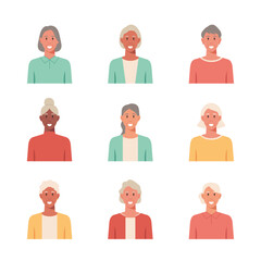 People portraits of older women, female faces avatar isolated icons set, vector design flat style illustration	