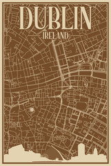 Brown hand-drawn framed poster of the downtown DUBLIN, IRELAND with highlighted vintage city skyline and lettering