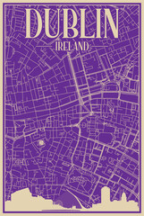 Purple hand-drawn framed poster of the downtown DUBLIN, IRELAND with highlighted vintage city skyline and lettering