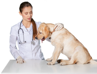 Beautiful young veterinarian with a dog on a white background