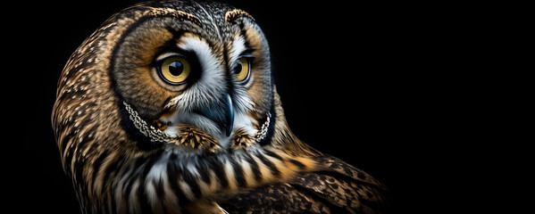 Short eared owl, close up of a owl.  Image showing close up of  the head and yellow eyes on a short eared owl, black background.  Created with generative ai - obrazy, fototapety, plakaty