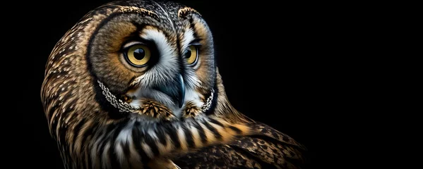Fototapete Rund Short eared owl, close up of a owl.  Image showing close up of  the head and yellow eyes on a short eared owl, black background.  Created with generative ai © touchedbylight