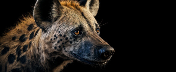 portrait of a hyena head and eyes on black background.  Image created with generative ai. - obrazy, fototapety, plakaty