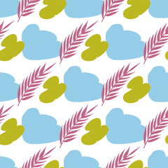 Pattern of abstract geometric shapes spring colors. Vector flat illustration. Seamless pattern. Packaging design. Leaves, twigs, flowers.