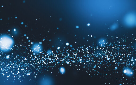 Glowing particles on dark blue background, flying glitter, technology abstract blurry banner design