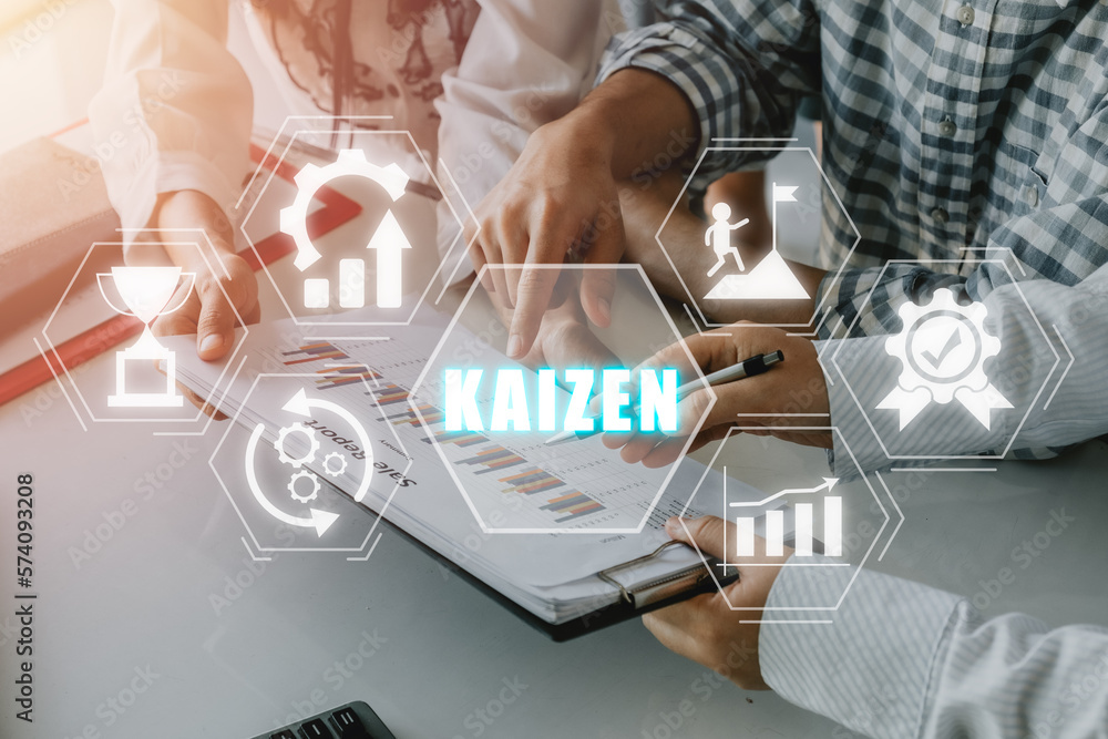 Poster kaizen concept, business person team working on analyzing financial data with kaizen icon on virtual