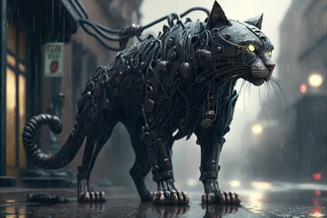 Mechanical cybertronic cat on the prowl in a cyberpunk city, Generative AI 