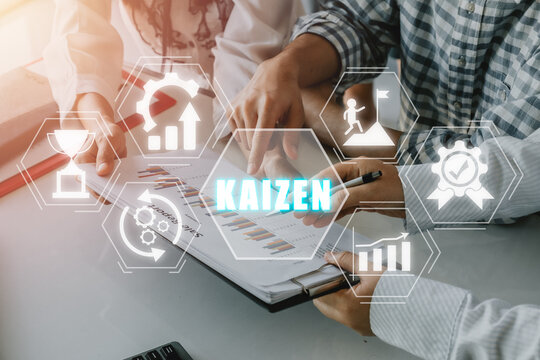 KAIZEN Concept, Business Person Team Working On Analyzing Financial Data With Kaizen Icon On Virtual Screen, Business Philosophy And Corporate Strategy Concept Of Continual