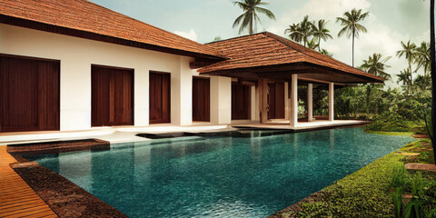 Fototapeta premium Luxury with tropical Jungle villa resort luxurious swimming pool. Generative AI illustration