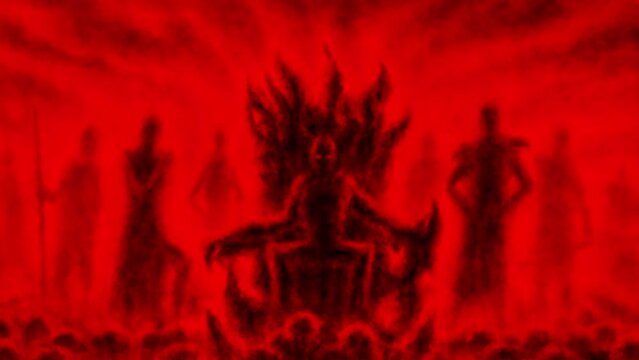 Evil bloody tyrant sits on throne surrounded by his retinue 2d animation. Dark lord is preparing to conquer world. Horror fantasy genre. Gloomy character from nightmares video clip. Vj looped movie.