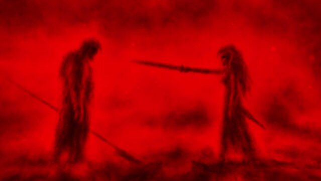 Two gloomy silhouettes. Warriors ready for battle. Gods of war. Sword vs halberd. Evil ghost horror fantasy 2D animation. Warlike female character. Spooky video clip. Red black abstract background.