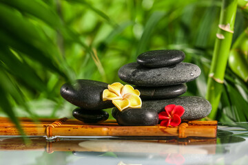 Stack of spa stones and flowers in green garden