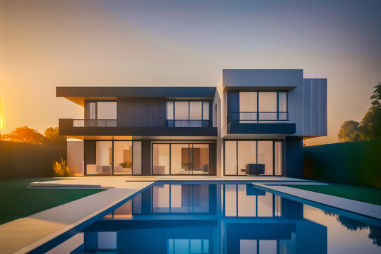 Modern House with Stunning Design and Beautifully Rendered Pool Area - 3D Generative Image