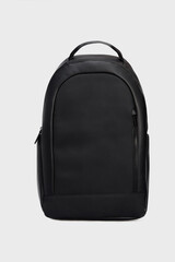 Men's Black Leather Business Office Backpack Daypack Bag for Men isolated on White Background in front, mock up, office wear. Rucksack for man, templates