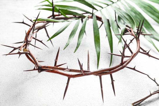 Crown of thorns with palm leaf on white background. Good Friday concept