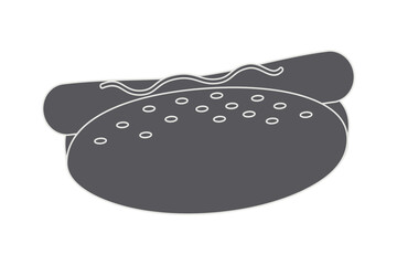 Grayscale image of hot dog with sausage and sesame bun. Fast Food. Happy hot dog day. Sticker. Icon