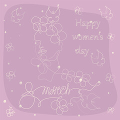 Female face one continuous line with flowers, butterflies and lettering March 8. Happy Womens Day