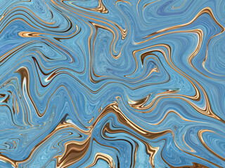 Liquid background in blue, cyan, gold colors.  Abstract divorces.  Acrylic paint streaks.  liquid ink.