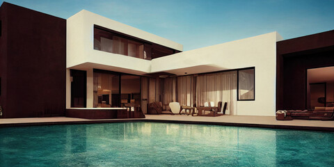 Fototapeta premium Luxury pool villa spectacular contemporary design digital art real estate , home, house and property, Generative AI illustration.