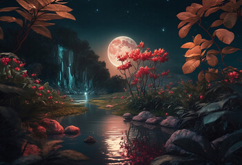 Red Moon over a water with exotic flowers