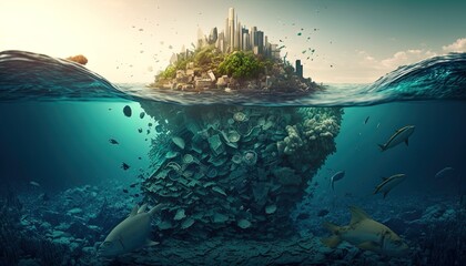 Conceptual image of an island of garbage floating in the ocean. Generative AI