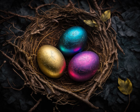 Three multicolored Easter eggs in a nest on a dark background. Generative AI.