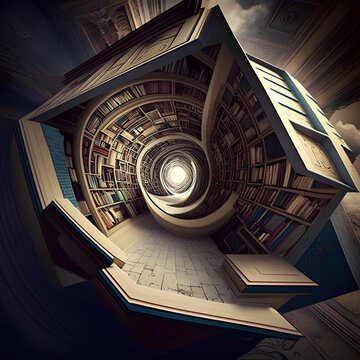Deep angle tunnel library full of books and globe deepmind