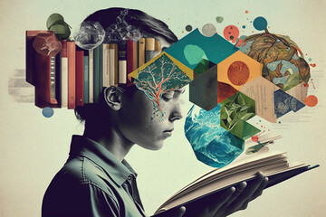 Knowledge and science books artistic graphic collage - Generative AI illustration