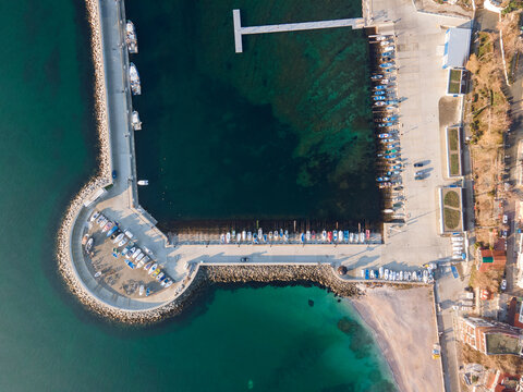 Amazing Aerial Sunrise view town of Pomorie, Bulgaria