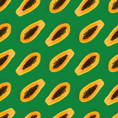 Fresh ripe papaya seamless pattern on green background. Tropical abstract background. Top view. Creative design, minimal flat lay concept. Trend tropical fruit food background pattern