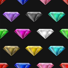 Vector Seamless Pattern with Multi Colored 3d Realistic Transparent Triangle Glowing Gemstones, Diamonds, Crystals, Rhinestones Closeup on Black Background. Jewerly Concept. Design Template