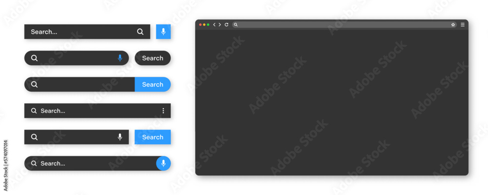 Poster blank internet browser window with various search bar templates, dark mode. web site engine with sea