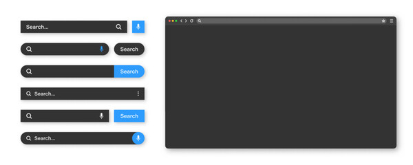 Blank internet browser window with various search bar templates, dark mode. Web site engine with search box, address bar and text field. UI design, website interface elements. Vector illustration