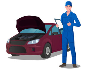 Auto Engineer Character Servicing a Car, Mechanic Wearing blue Jumpsuit Thumbs up, Vector File