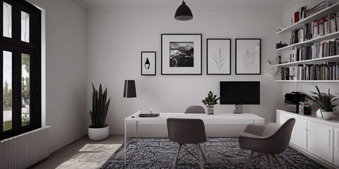 Fototapeta premium mock up poster frame in boho interior background, wooden living room design, Scandinavian style. Generative AI illustration