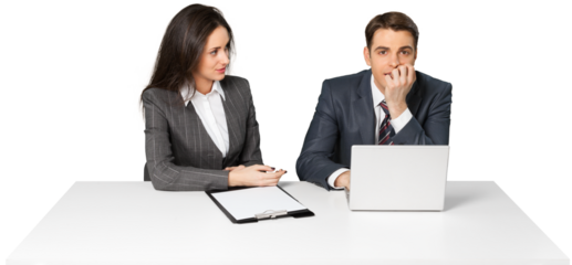 Coworkers Working at Desk with Laptop and Clipboard - Isolated